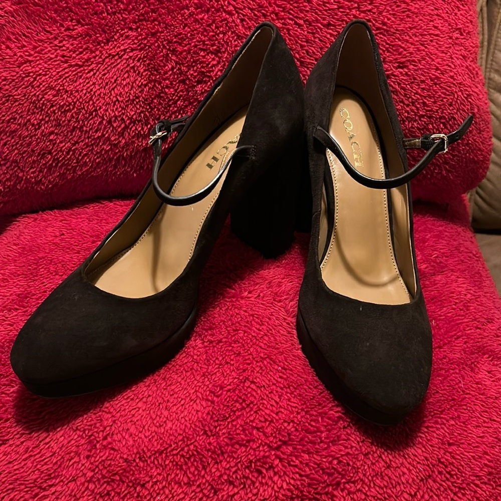 Coach platforms brown suede 4 1/4 in heel 3/4 platform Lightly patted foot bed.